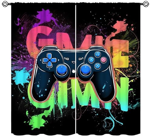 FengMingRui Gaming-Vorhänge, Gamepad, Graffiti, Gamer, Video, Verdunkelung, Fensterbehandlung für Kinderzimmer, Spielzimmer, Wohnzimmer, Jungen, Schlafzimmer, Heimdekoration, Fenstervorhänge, 106,7 x