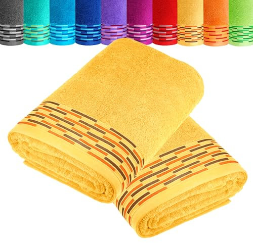 Lashuma 2er Set Duschtücher Gelb - Aprikose, Lugano weiche Wellness Badetücher 70x140 cm