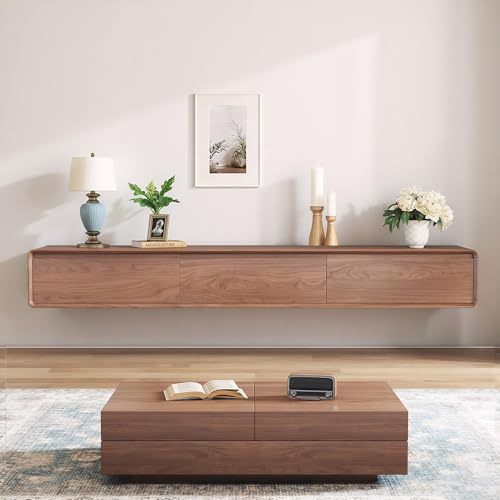 LumivoxNest Modern Floating TV Stand with Storage, Wall Mounted Entertainment Centre with 3 Drawers, Walnut Wood Media Console