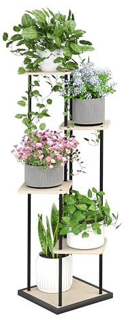 Ribelli 5 Etagen Pflanzenständer, Blumenständer 106 cm, Blumentreppe Blumenregal Pflanzentreppe aus Holz und Metall, Deko für Balkon Garten Wohnzimmer Büro, Holzfarben