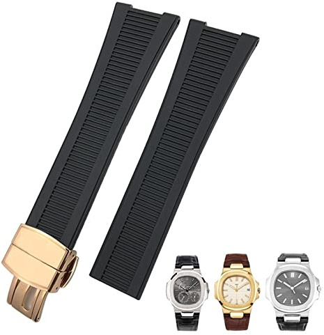 EKINS 25 mm Kerbform-Gummi-Silikon-Uhrenarmband, wasserdichte Uhrenarmbänder für PATEK PHILIPPE Nautilus Herrenarmband(Black Rose Gold)