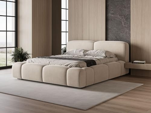 GRAINGOLD Lano Bett 160x200, Polsterbett mit Bettkasten, Polsterbett mit Stauraum, Samt, mit Lattenrost, mit Kopfteil, ohne Matratze (Beige, 160x200)