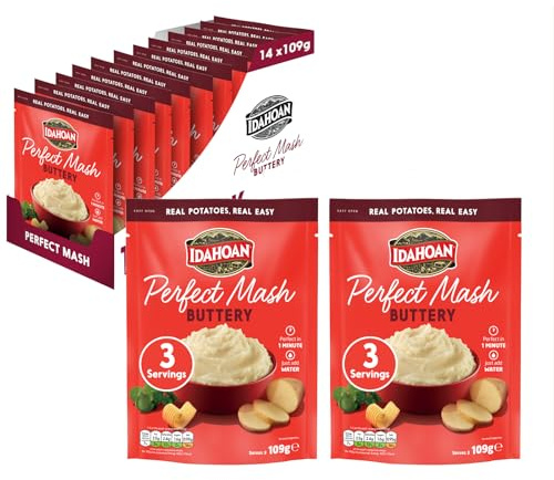 Idahoan Buttery Potato Mash Potatoes Pack of 14 x 109g - Instant Mash Potatoes Cooks in 1 Minute Ready to Eat Food