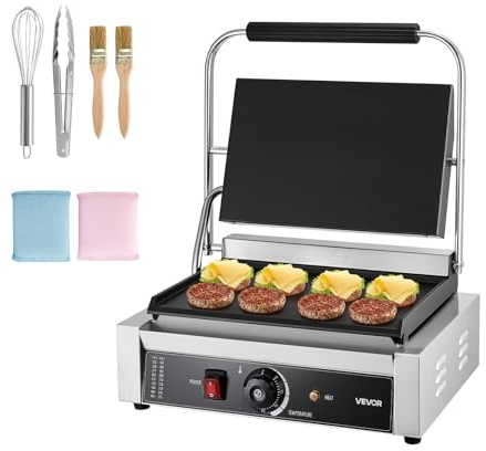 VEVOR Parrilla de Contacto para Paninis de 2200 W para Sándwiches, Filetes, Tocino y Hamburguesas, de Acero Inoxidable, con Asa y Control de Temperatura y Placa Calefactora, 425 x 400 x 205 mm