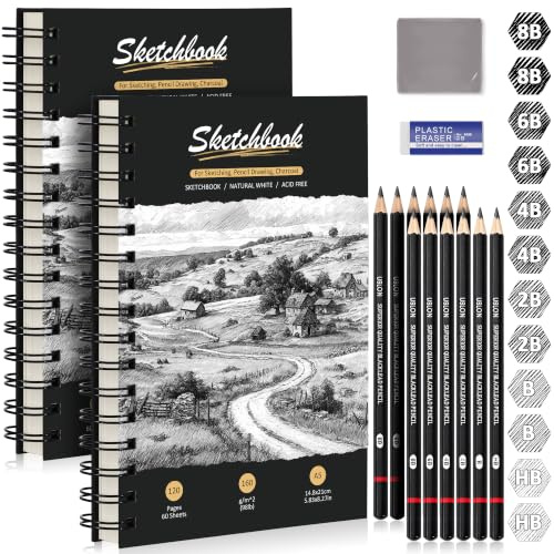DazSpirit 2 Stück Skizzenbuch A5, Hardcover Zeichenblock mit 160g/m² Papier | Spiralbindung Skizzenblock, 60 Blätter/120 Seiten, 12 Skizzenstifte & Radiergummis – für Bleistift, Kohle, Pastell