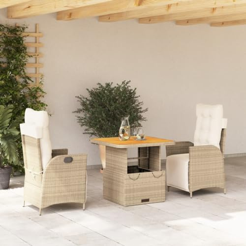 YuuSsea 3-TLG. Garten-Essgruppe Beige Poly Rattan, verstellbare Relaxsessel, höhenverstellbarer Tisch, UV-beständig, Outdoor-Möbel Set für Terrasse, Balkon, Garten, langlebig