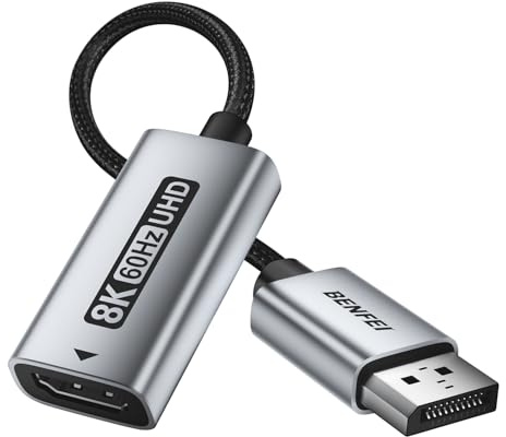 BENFEI Adattatore da DisplayPort 1.4 a HDMI 2.1 8K@60Hz/4K@240Hz/1080P@480Hz, da computer DP unidirezionale a monitor HDMI, convertitore in alluminio ad alte prestazioni per monitor da gioco, TV, AMD | Unidirezionale DP Computer a monitor HDMI, convertitore in alluminio ad alta specifica per monitor da gioco, TV, AMD, NVIDIA