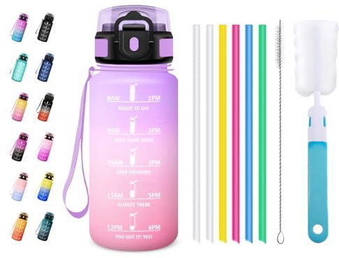 JAPORIA Gourde Sport 500ml, Bouteille d'eau avec Marqueur de Temps et Paille, Étanche et Réutilisable, Bouteille pour Bureau, Randonnée, Yoga