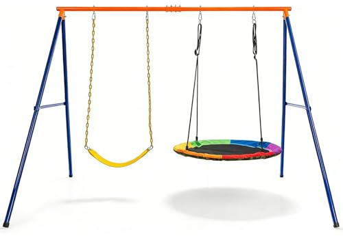 LEADZM Outdoor Schaukel für Kinder, Schaukelgestell mit Gestell, Doppelschaukel mit EIN-Brett-Schaukel und Nestschaukel