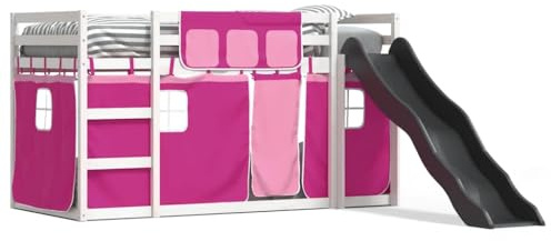 pokgdf Etagenbett mit Rutsche und Gardinen Rosa 90x190 cm, Hochbett mit Rutsche, Kinderbett mit Vorhang und Rutschbahn