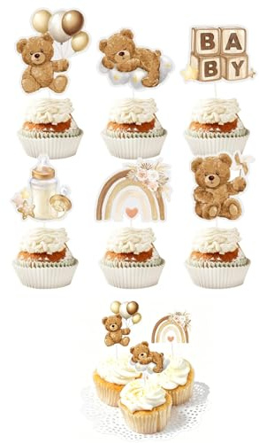 YIPFEN 24 Stück Bären Cupcake Topper Babyparty Deko Boho Teddy Cake Topper für Baby Shower Gender Reveal Taufe Muffin Deko Tortendeko Baby Deko Neutral