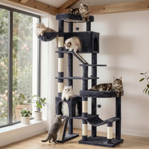Feandrea Kratzbaum groß, Katzenbaum XXL, 6 Sisalstämme und Plüsch, 2 Kratzbretter, 6 Ruhebereiche, 105 x 45 x 202 cm, Dunkelgrau, für Große Katzen, Clawfy Kollektion PCT020G201