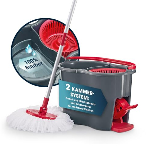 CLEANmaxx Power-Wischmopp mit Zwei-Kammer-Filtersystem | Schmutzwasser wird gefiltert, leichtes Auswringen für streifenfreie Sauberkeit | Ideal für Laminat, Parkett & Fliesen
