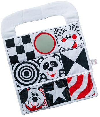 Car Toys for Babies - Infant Car Seat Toy with High Contrast Colors, Reversible Design, Baby Safe Mirror and Storage Pocket - Easy to Attach and Clean, Infant Carseat Toy