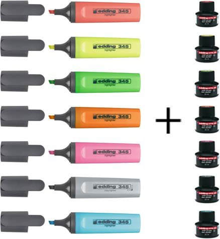 7x Edding Textmarker 345 sortierte Farben + 7 x 25ml Nachfülltinte
