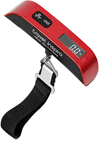 travel inspira Luggage Scale, Portable Digital Hanging Baggage Scale for Travel, Suitcase Weight Scale with Rubber Paint, 110 Pounds, Battery Included - Red