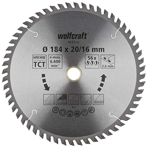 wolfcraft 6632000, Handkreissägeblatt HM, Serie orange, 56 Zähne, ø184x20/16
