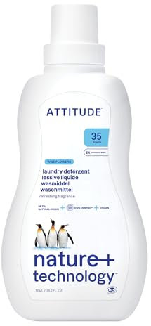 ATTITUDE Liquid Laundry Detergent, EWG Verified, HE Compatible, Plant-Based & Vegan, Natural Laundry Soap, Wildflowers Scent, 35 Loads, 1.05 Litre