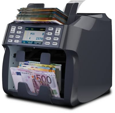 Detectalia V800 Banknotenzähler und Sortiergerät EUR, GBP, USD, CHF, MAD, Integrierter Thermodrucker, Entlader, Orient, erkennt Seriennummern - geldzählmaschine scheine mit geldscheinprüfer