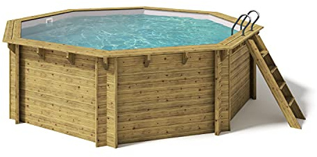 Paradies Pool® Holzpool Kalea Einzelbecken inkl. Zubehör, Edelstahlleiter Tiefbecken, Folie grau mit 0,8mm Stärke, Achteck-Pool, 528 x 138 (Ø x H), Menge: 1 Stück