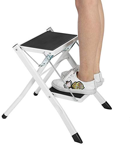 Mini escabeau pliable à 2 marches en acier - Léger et stable - Avec tapis de sécurité antidérapant - Idéal pour la maison, la cuisine, le garage, le bureau - Charge maximale : 150 kg