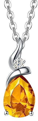FANCIME Solide 14 Karat 585 Weiß Gold Tropfen Anhänger mit 925 Sterling Silber Kette Halskette mit Natürlich Citrin und echt Diamant Schmuck für Damen mit Geschenk Box - Kettenlänge: 40 + 5 cm