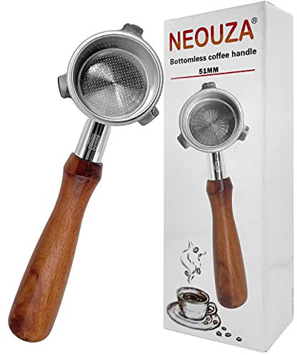 NEOUZA Porte-filtre expresso sans fond compatible avec Delonghi La Specialista EC9155/9335/9355/9665 en acier inoxydable 304 avec panier filtre non pressurisé (poignée en palissandre) 51 mm