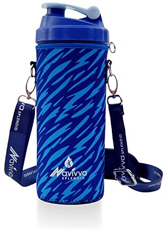 NAVIVVA SPLENDID Shaker de protéine avec housse en néoprène avec boule de mélange et rangement, 600 ml, bouteille mélangeur de gym et gourde – portable, idéal pour mélanger en déplacement (rayures