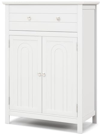 COSTWAY Bathroom Floor Cabinet, Freestanding Storage Cupboard with Drawer, Double Door and Adjustable Shelf, Wooden Bathroom Unit Side Cabinet for Living Room Hallway, 60x30x80cm (White)
