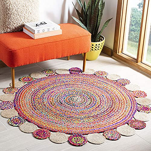 Avgari Creation Teppich, Baumwolle und Jute, Kreisdesign, rund, handgefertigt, geflochten, wendbar, 90 x 90 cm