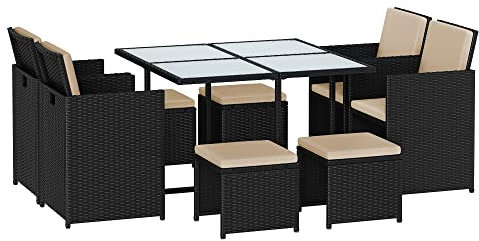 SONGMICS Garden Furniture Set Dining Table and Chairs, Set of 9 PE Rattan Outdoor Patio Furniture, Dining Furniture, Glass Top Coffee Table, with Cushions, Space-Saving, Black and Beige GGF091B02