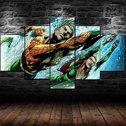 Myrdsio Drucke Auf Leinwand 5 Panels Gemälde Aquaman Comic-Superheld Kunstdruck XXL Gemälde Abstrakte Bilder Artwork Bunt Wandkunst 125×60Cm Fertig Zum Aufhängen(Mit Rahmen)