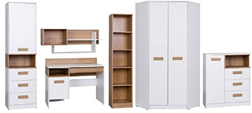 Marmex Kinderzimmer Komplettes Set Grant 8, im Set: Schreibtisch G2, Geschlossener Büchregal G6, Schmales bücherregal G7, Wandregal G3,Eckgarderobe G8, Kommode mit Schubladen G4 - Weiß + Riviera Eiche