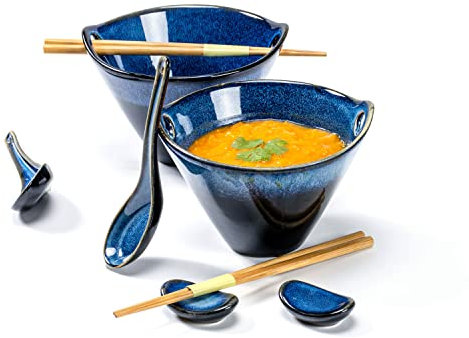Tazón de ramen, 2 × 600 ml (8 piezas) Cuencos con Cucharas y Palillos, Cuencos de porcelana para Sopa, Udon, Pasta, Ensalada y Cereales, Cerámica de Estilo Japonés, Apto para lavavajillas - Azul