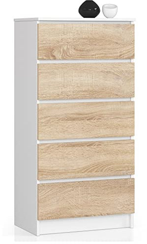 AKORD Kommode K60 mit 5 Schubladen | für das Wohnzimmer Schlafzimmer Schrank Büro Arbeitszimmer | Modernes Funktionales Design | B60 x H121 x T40 cm, Gewicht 39kg | Weiß/Sonoma-Eiche