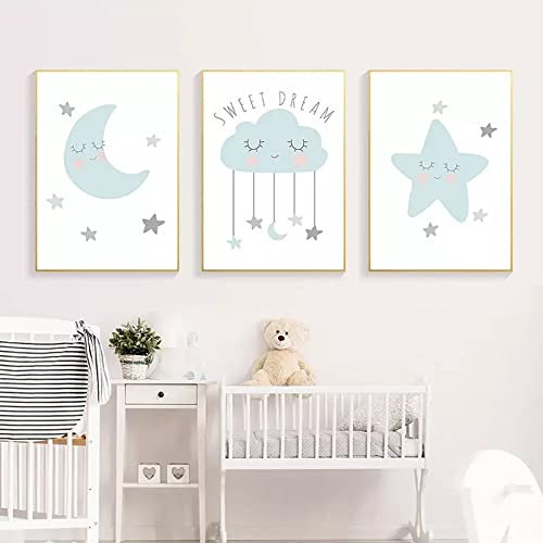 Youihom 3 Wolken Bilder Baby Mond Sterne Poster Set Blau Grau Babyzimmer Jungen Dekoration Mädchen Wandbild Kinderzimmer Leinwand Geschenk ohne Rahmen
