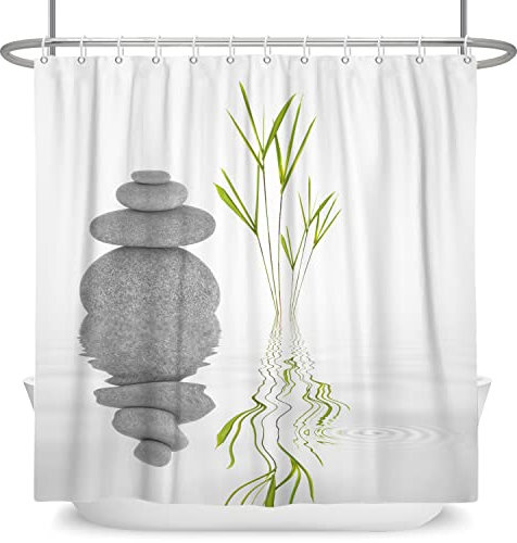 SDOTPMT 150x180cm Basalte Pierres Bambou Feuilles Rideau de Douche Spa Japonais Thème Zen Méditation Bain Blanc Arrière-Plan pour Salle de Bains avec Crochets