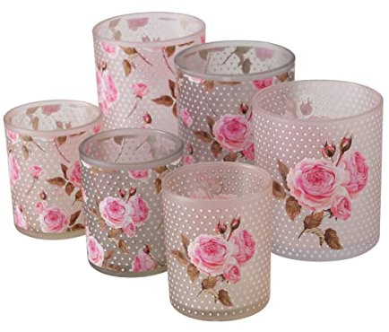6 STK Windlichter Rosen Rosalie n399 Blüten Rose Blumen Grau Taupe Weiss rosa Kerzenhalter Glas matt Gräser H8cm und H10cm Blumen Blüten Liebe Geschenk Frühlingsdeko