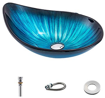 AIBOTY Bathroom Basin Vessel Sink Tempered Glass Above Counter Washing Bowl Basin Hotel Spa Beauty Center Washroom Basin Sink with Pop-Up Drain Set,Blue,C