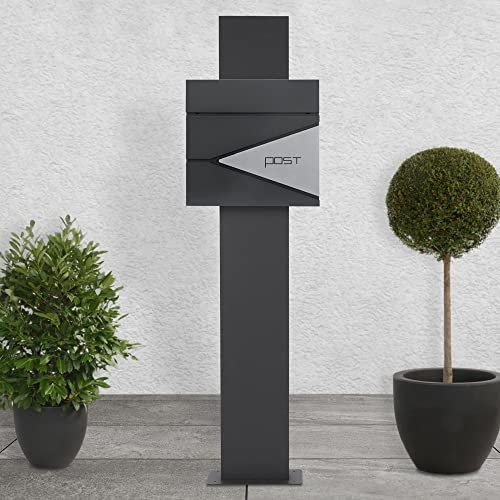 ECD Germany Standbriefkasten mit Zeitungsfach, Design Briefkasten mit Pfosten, Briefkastenanlage, Briefkastenständer Anthrazit 170 cm Edelstahl, Postkasten Anthrazit-Silber Edelstahl pulverbechichtet