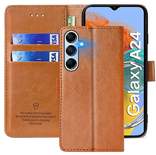 FMPCUON Coque pour Samsung Galaxy A24 4G, Étuis à Rabat Samsung Galaxy A24 4G,Premium PU Etui Housse en Cuir Portefeuille de Protection Magnétique pour Samsung Galaxy A24 4G,Brun