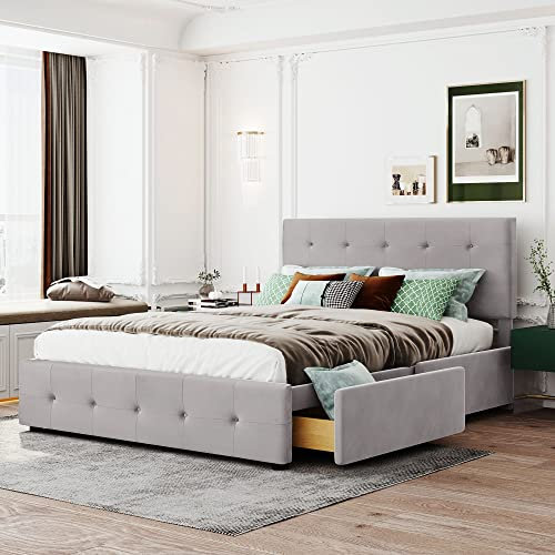 Tkopy Doppelbett 140 x 200 cm Polsterbett mit Stauraum, Grau Bett mit Lattenrost, Rückenlehne und Vier Schubladen Doppelbett Hautfreundlicher Samtstoff Kinderbett Jugendbett