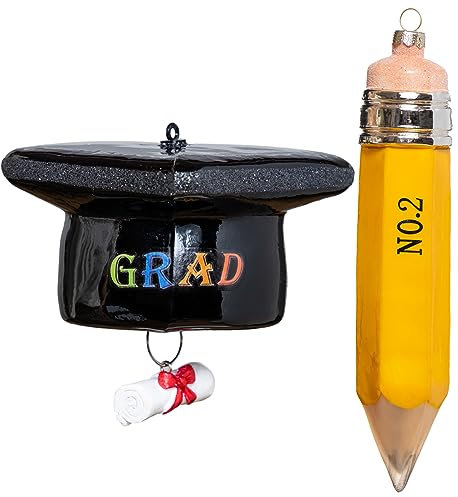 Set von 2 mundgeblasenen Glas Graduation Ornament 2023, hängende Glas Graduation Cap mit Diplom Ornament und Bleistift Ornament für Weihnachtsbaum
