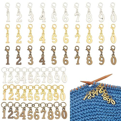 BENECREAT 33 Pcs 3 Couleurs Alliage Nombre Charme Tricot Rangée Compteur Chaîne avec Anneaux en Laiton et 0-9 Marqueurs de Point Fermoir Homard pour Tricot Tissage Accessoires de Couture