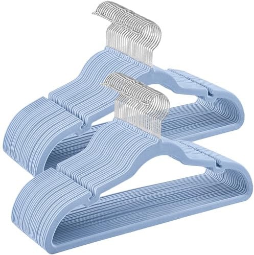 SONGMICS Velvet Hangers, Pack 50 Coat Hangers for Clothes, Non-Slip, with Shoulder Notches, Trouser Bar, 360?Swivel Hook, Space-Saving, 0.6 cm Thick, 43 cm Long, Pale Blue CRF029Q05