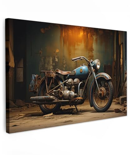 MuchoWow© Impression sur Toile Photo Peinture 60x40 cm Tableau Decoration Murale Chambre Salon Maison Deco Cuisine Vintage - Moto - Bleu - Ancien - Garage