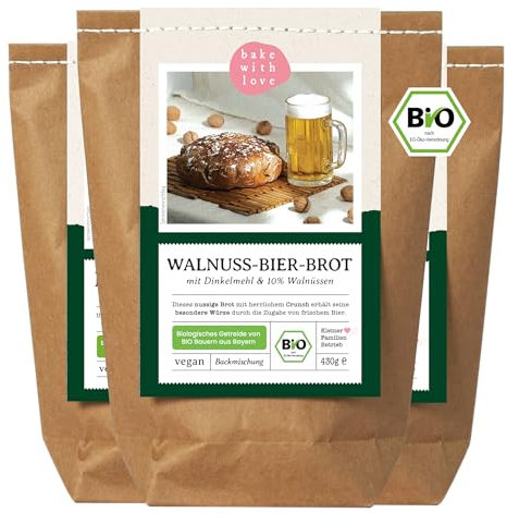 Bio Walnuss-Bier-Brot Backmischung - Brotbackmischung Geschenk für Bierliebhaber und Männer - Brotbackautomat geeignet - Bake with Love - (3er Pack)