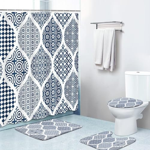 Bribay 4-teiliges Duschvorhang-Set, blaue Keramik, spanisch, italienisch, Vintage, mit rutschfesten Teppichen, WC-Deckelbezug und Badematte, für Badezimmer-Dekor-Set, 182,9 x 182,9 cm