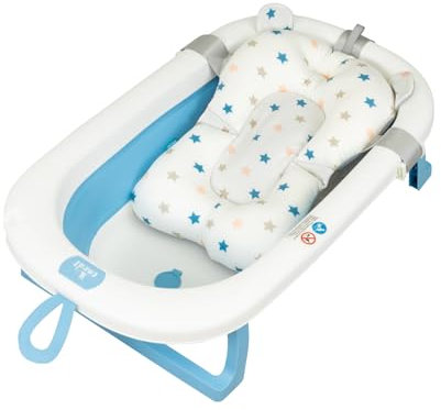 Toral Bañera Plegable Bebé Azul - Bañera Bebe Comoda con Patas Antideslizantes y Asiento - Portatil y Facil de Guardar - Modelo Bathy con Cojín