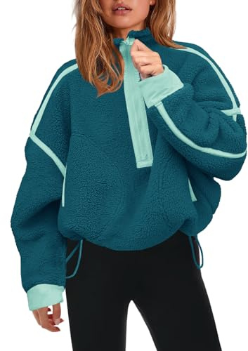 Panadila Womens Half Zip Sherpa Fleece Pullover Soft Oversized Sweatshirt with Pockets Warm Fuzzy Sweater, Teal, XL